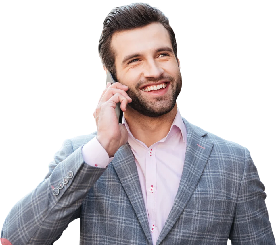 Shop owner smiling on a phone call
